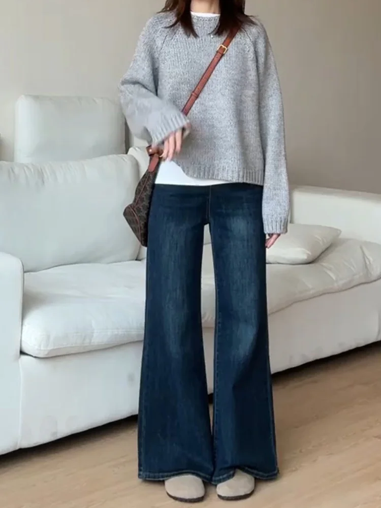 Pantalones vaqueros de talla grande con forro de Fce, color azul profundo, Micro acampanado, para mujer, Otoño Invierno, cintura alta, adelgazantes, pierna ancha, campana Bot