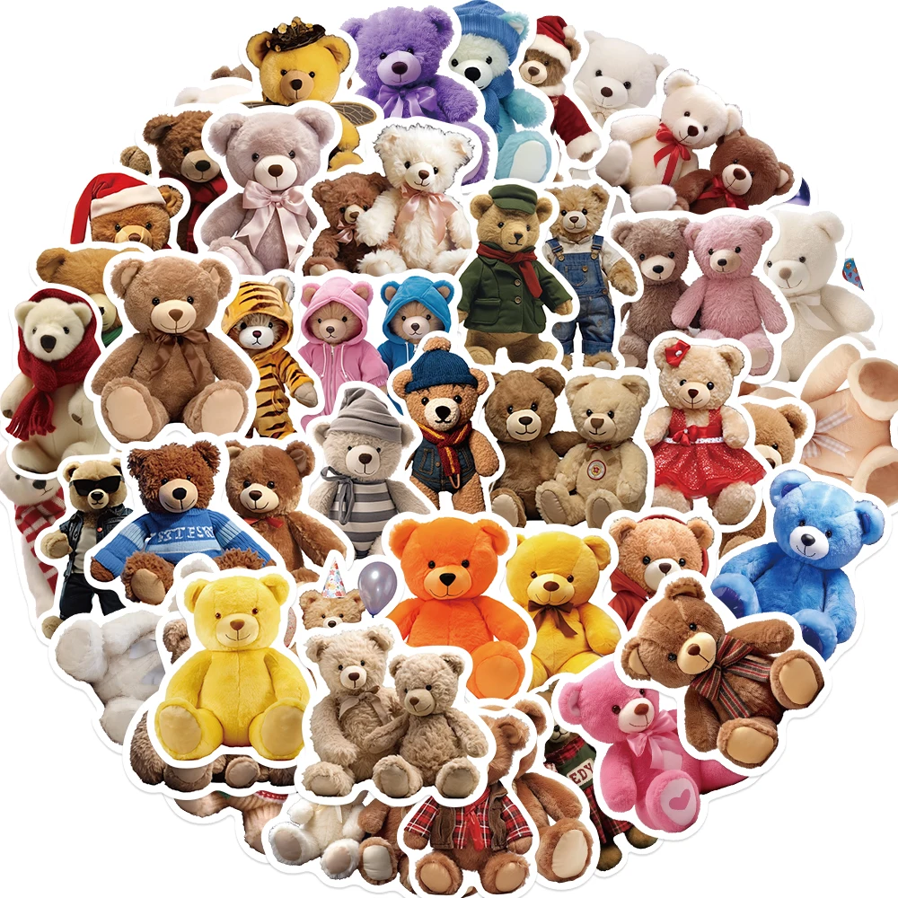 50pcs Cute Cartoon Stuffed Bear Stickers PVC Decal Decoration Phone Skateboard Luggage Fridge Graffiti Sticker Toy Gift for Kid