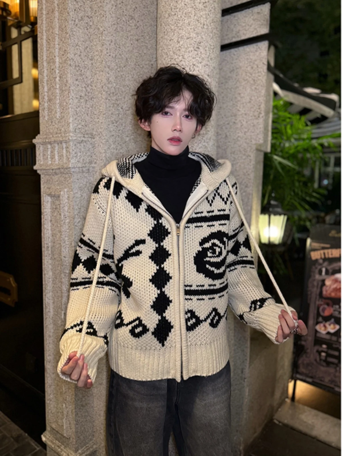 

Мужской вязаный свитер-худи в стиле ретро с американским алмазным узором, свободный крой, осенне-зимняя корейская верхняя одежда Aosphere