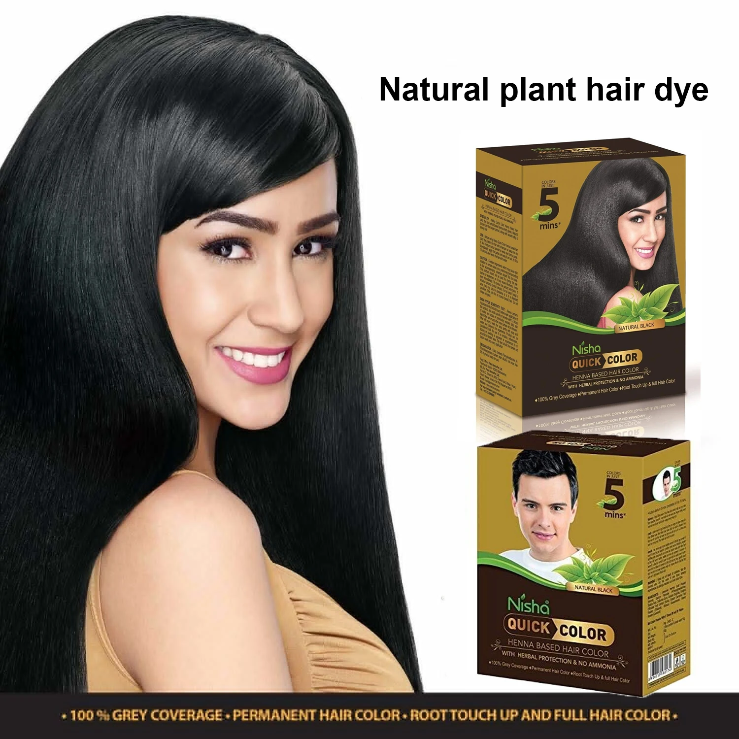 2box Nisha Quick Color Henna Based Hair Color Organic Hair Dye Plant Essence Cover white hair Natural Black Smooth Longer Period