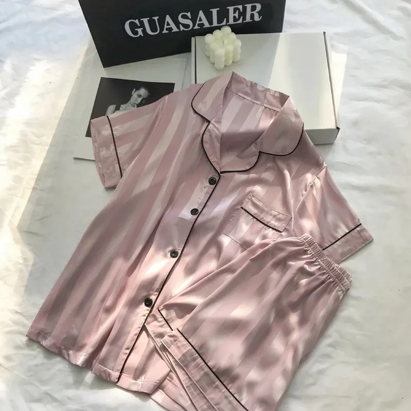 2 pcs/set Ice Silk women's pajamas short sleeve short pants simulation Silk Home clothing solid color striped student pajamas S