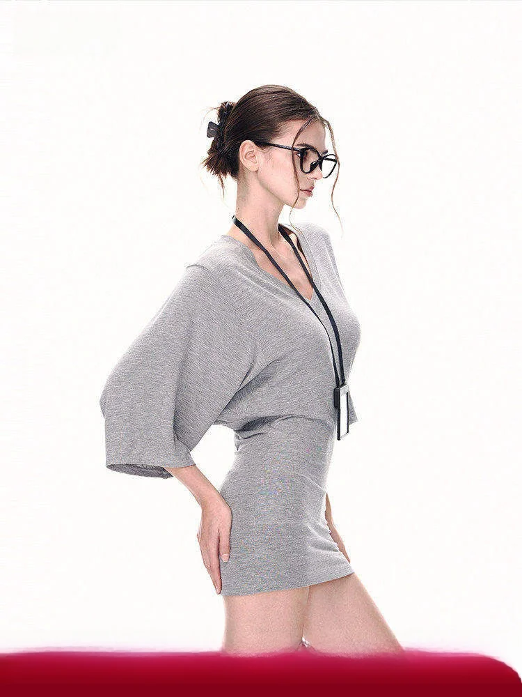 

JLAUNT ey Women's T-irt Dr Autumn Loose Seven-Quarter Sve American Sle Spicy Girl Top V-ne Knitted Pure Color