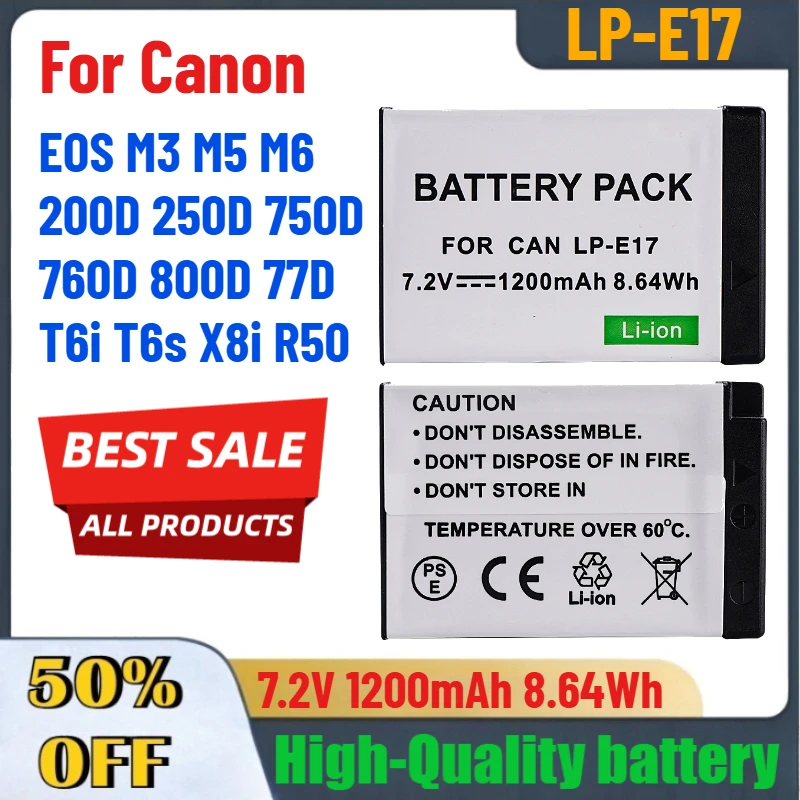 

LP-E17 LPE17 7.2V 1200mAh 8.64Wh Camera Battery For Canon EOS M3 M5 M6 200D 250D 750D 760D 800D 77D T6i T6s X8i R50