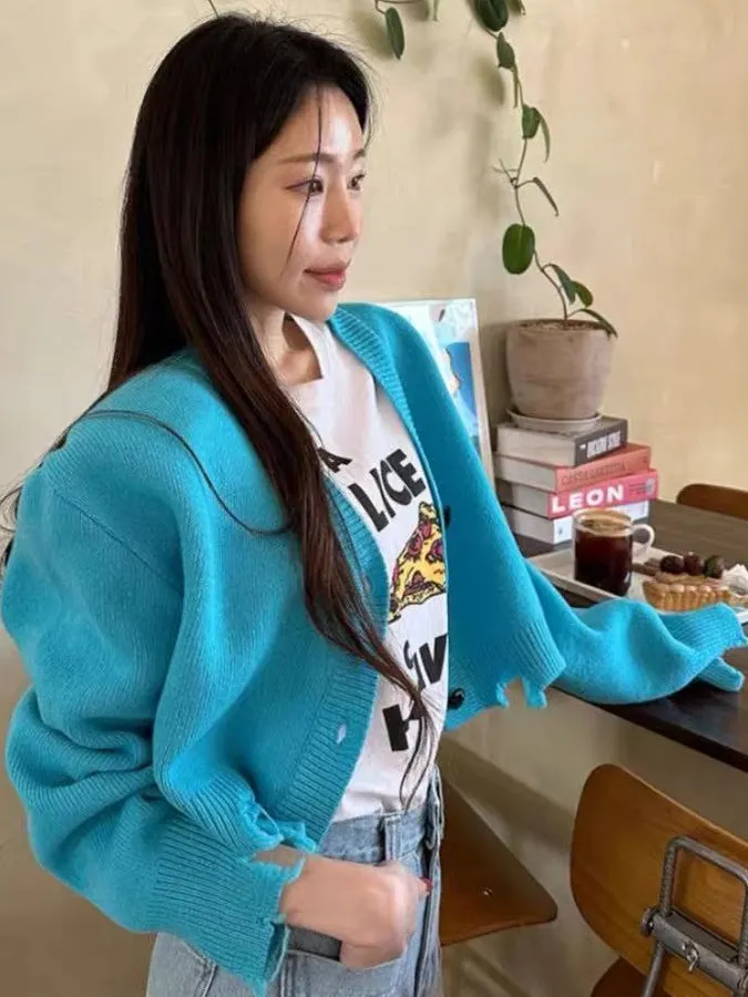 

Мягкий синий вязаный свитер с v-образным вырезом, женский свободный осенне-зимний кардиган, топ, удобная женская верхняя одежда