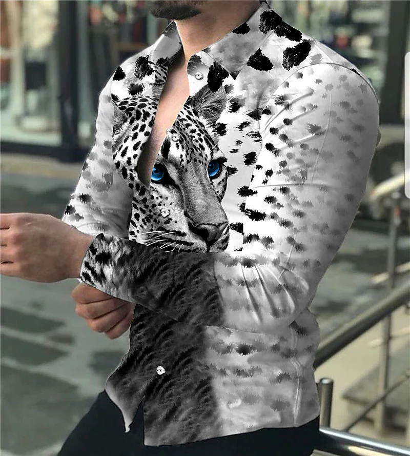 Animal Men\'s Long Sleeve Shirt Comfortable Streetwear for Spring and Fall retro printed long sleeve shirt Stylish lapel shirt