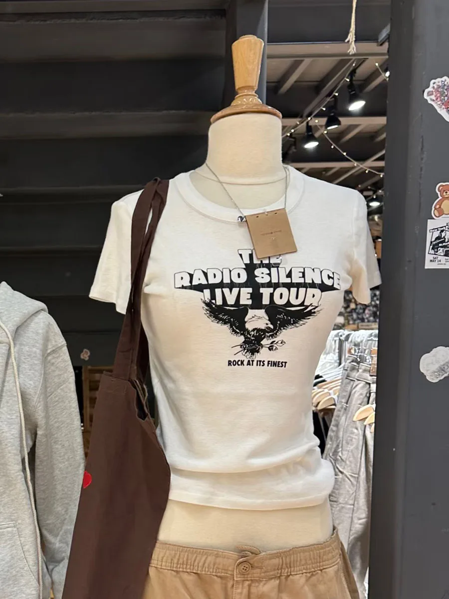 

Eagle Print Letter White Slim T-shirt Women Crew Neck Cotton Short Sleeve Tee Shirts Summer Streetwear Fashion Y2k Tops T-shirts