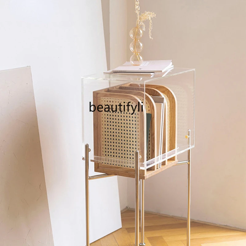 

HJ Magazine Cabinet Rattan Metal Acrylic Floor Small Bookshelf Side Cabinet Japanese Retro Bedside Table