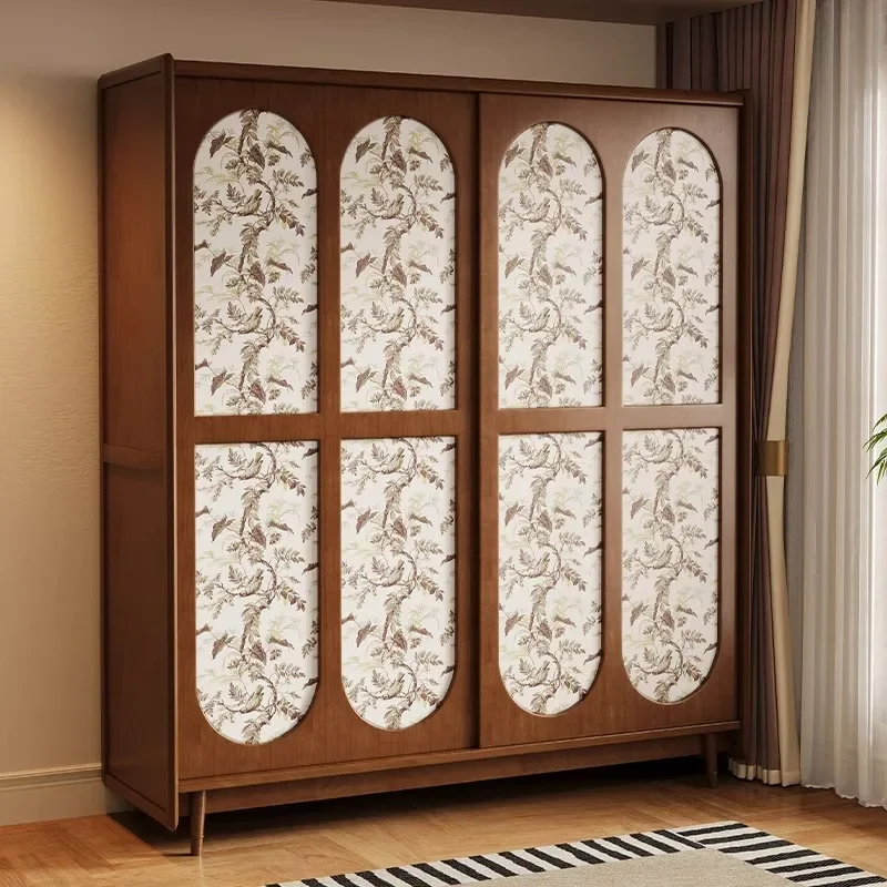 Household bedroom storage hanging wardrobe antique small apartment sliding door wooden wardrobe