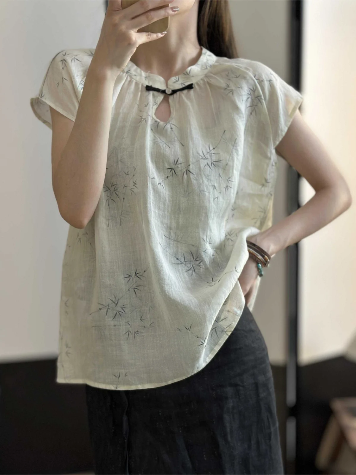 

Шикарный бамбуковый принт Le, конопля ort Sve irt, воротник-стойка, большой размер, женский лоскутный цветной топ на пуговицах, модный маленький...