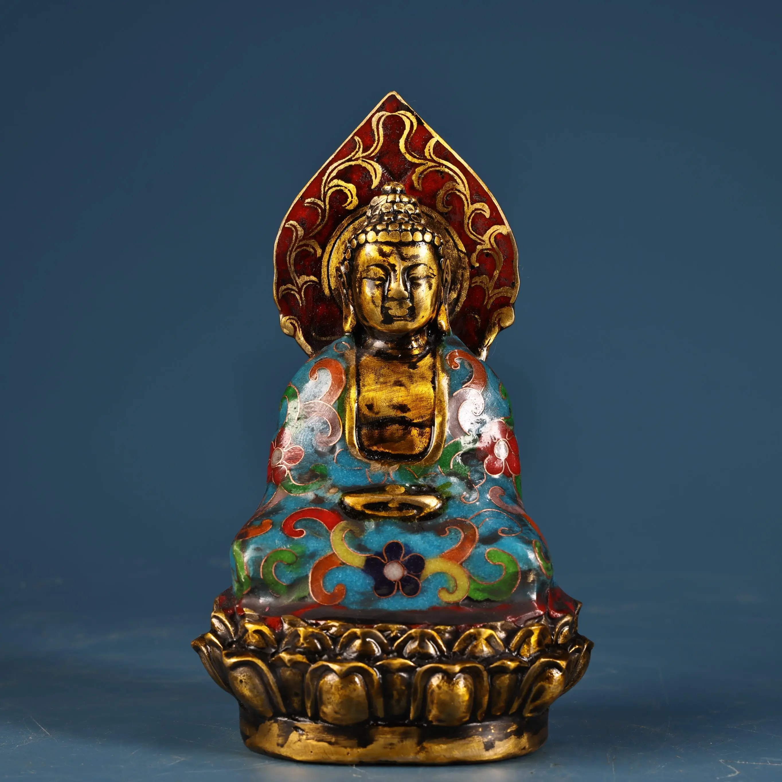 Old Bronze Cloisonne Enamel floral pattern Amitabha Buddha Shakyamuni sitting Buddha Head backlight Lotus Terrace Worship Hall