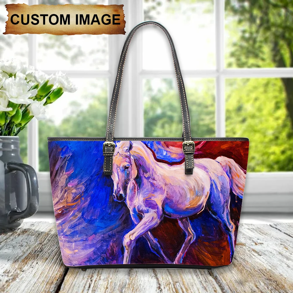 Oil Painting Running Horse Print Women Handbags PU Leather Totes New Fashion High Quality Tote Shoulder Bag Painted Design сумка