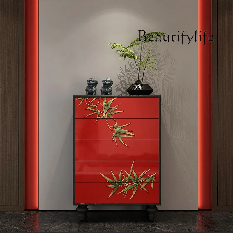 Chinese hand-painted solid wood chest of drawers, living room against the wall, lacquer painting, storage  decorative cabinet