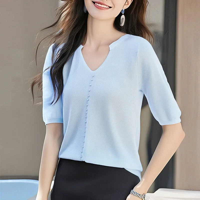 

Новый вязаный свитер с V-образным вырезом для женщин, пуловер с коротким рукавом, расшитый бисером, женская одежда Q3135