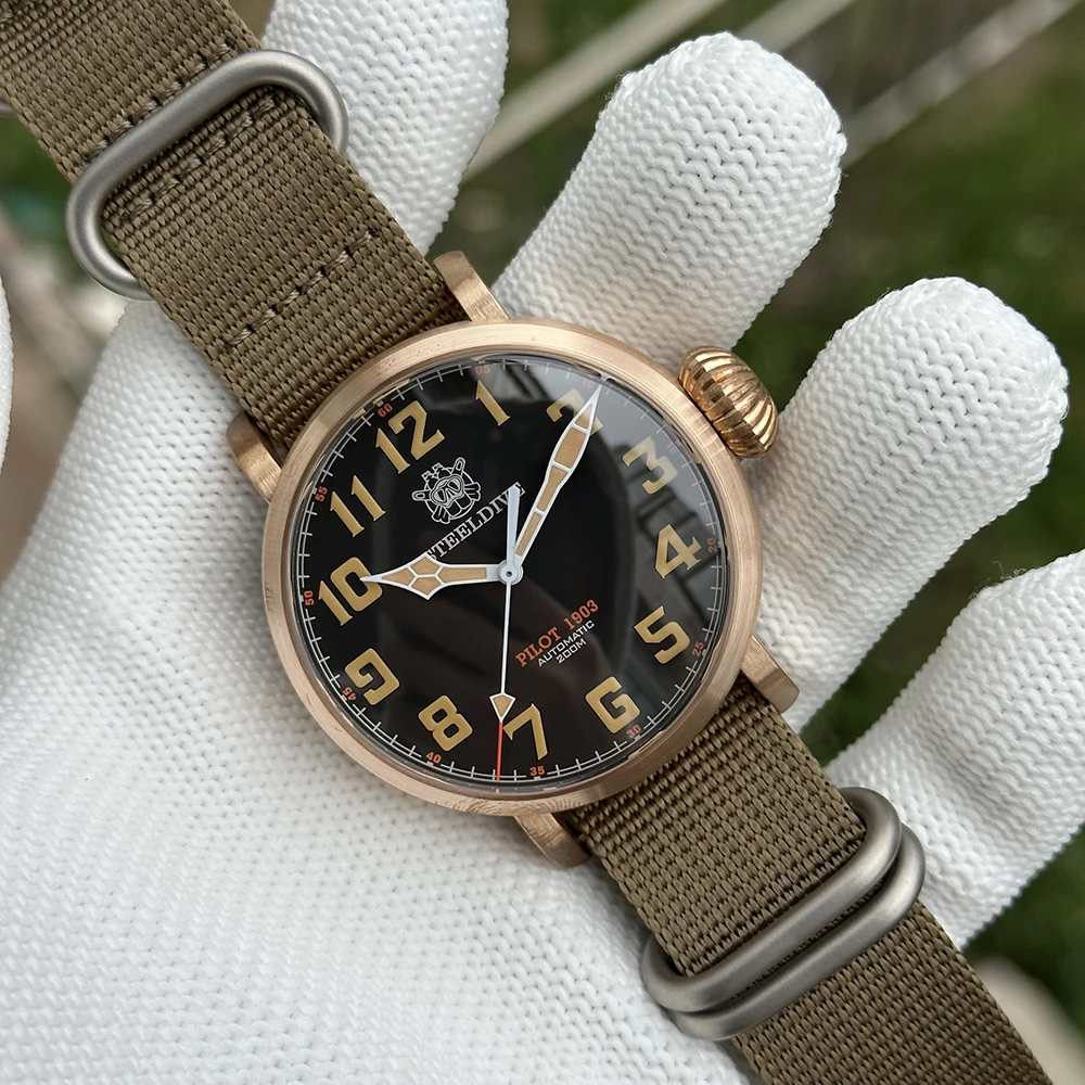 

STEELDIVE Мужские часы-пилот 46,5 мм Бронзовые автоматические механические наручные часы для дайвера 20 бар Водонепроницаемые C3 Зеленый светящийся сапфир NH35