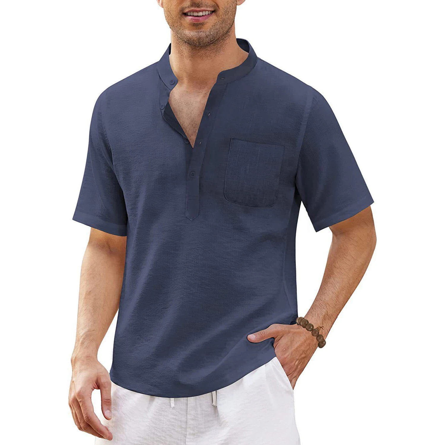 Summer Men\'s Short-Sleeved T-shirt Cotton Linen V-neck Men\'s Shirt Male Breathable Casual Tops Plus Size Stand-up Collar 5XL