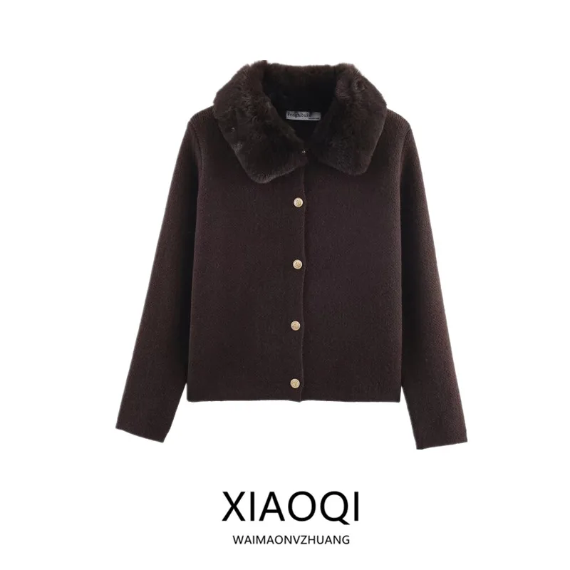 

Winter 2025 New Women's Knitted Coat Collar Artificial Fur Effect Long Sve Button Closure Ladies' ort Outerwear