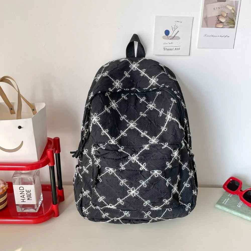 Bow Embroidery Laptop Backpack Lightweight Design Versatile Style Embroidery Backpack Multi-Pocket Structure Korean Version