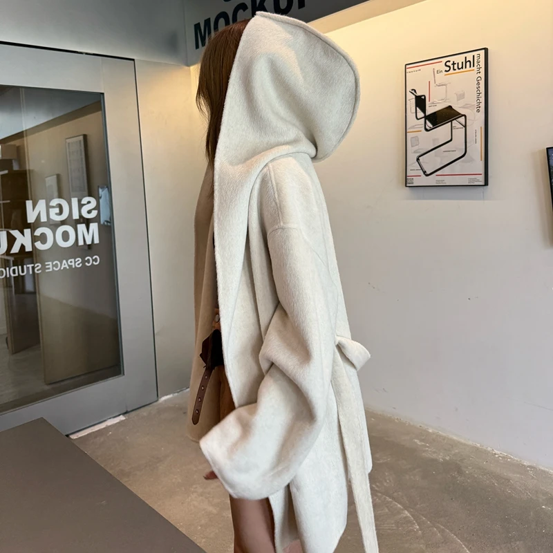 معطف نسائي من الكشمير كاجوال بلون سادة متوسط الطول معطف بياقة مقنعين النسخة الكورية معطف صوفي فضفاض بحزام من الصوف #5