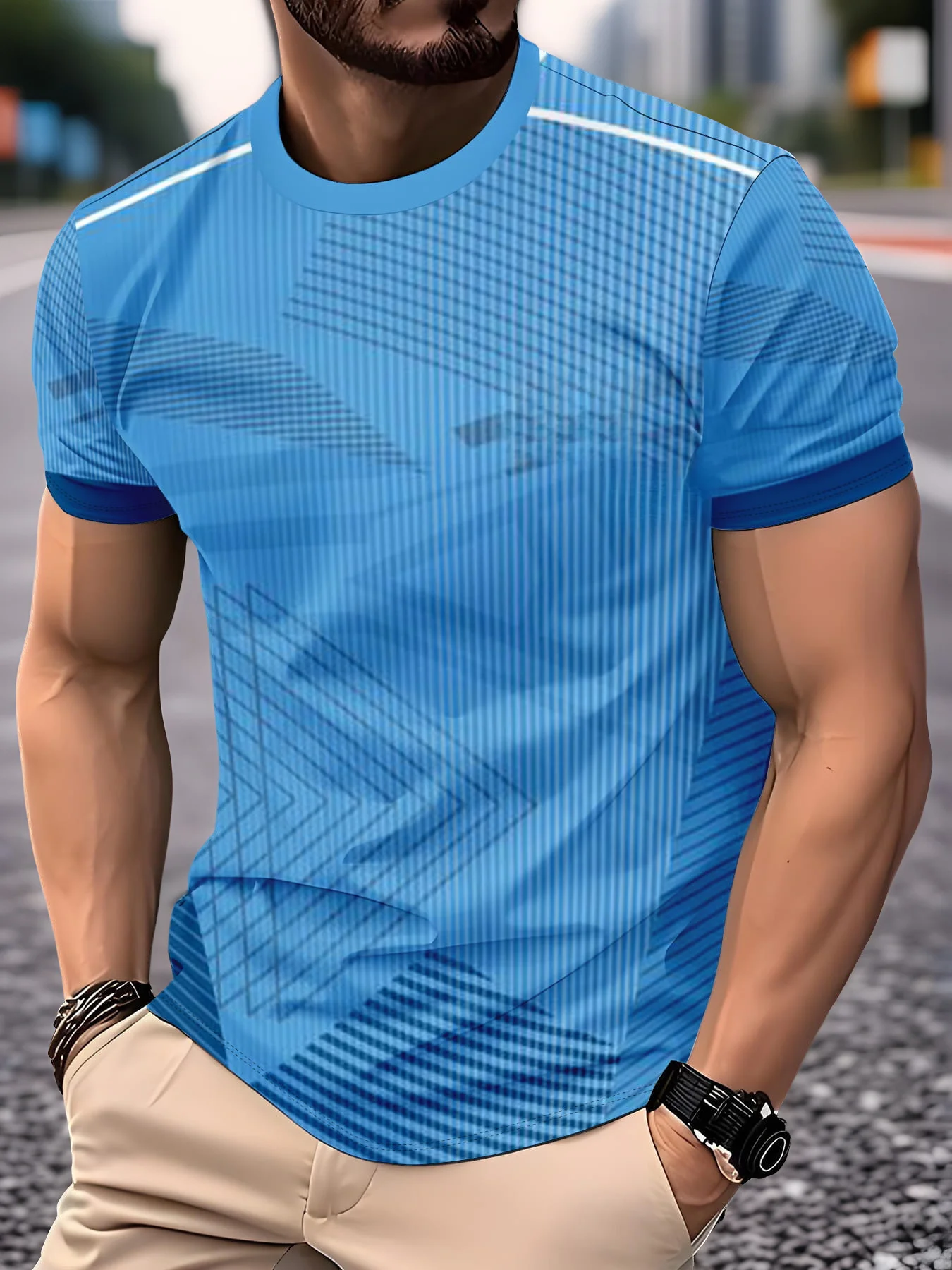 Men Quick Dry High Elastic Sport T Shirt Blue Geometric Line Striped Print Breathable Training Top