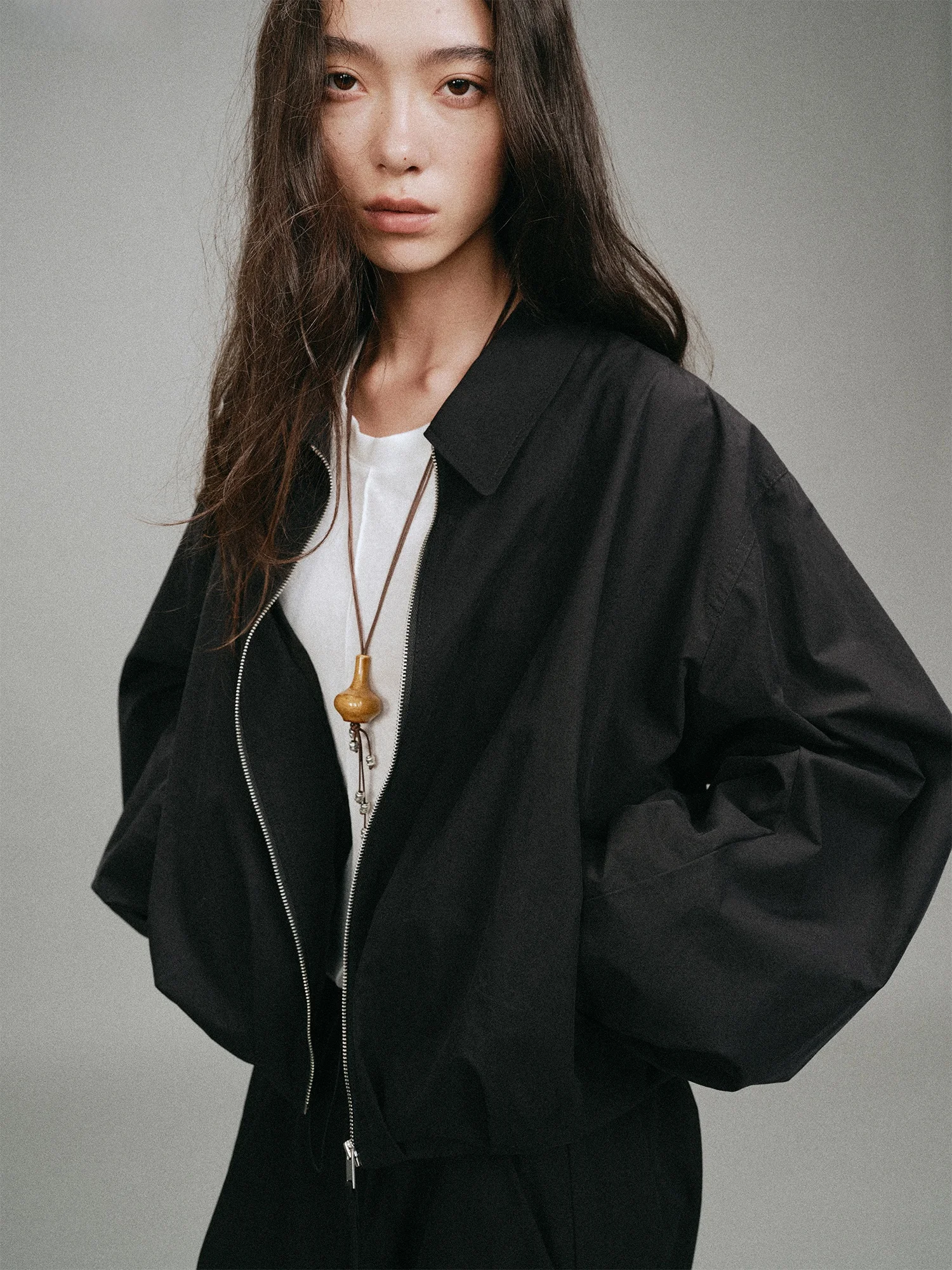 

mat Pure Cotton Zipper Collar Balloon Sve ort Jaet Outerwear ex Casual Spor Sle by KUCO