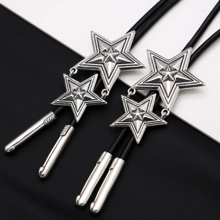 Wholesale trendy jewelry for young men and women S925 pure silver pentagram pendant necklace set leather rope Korean version per