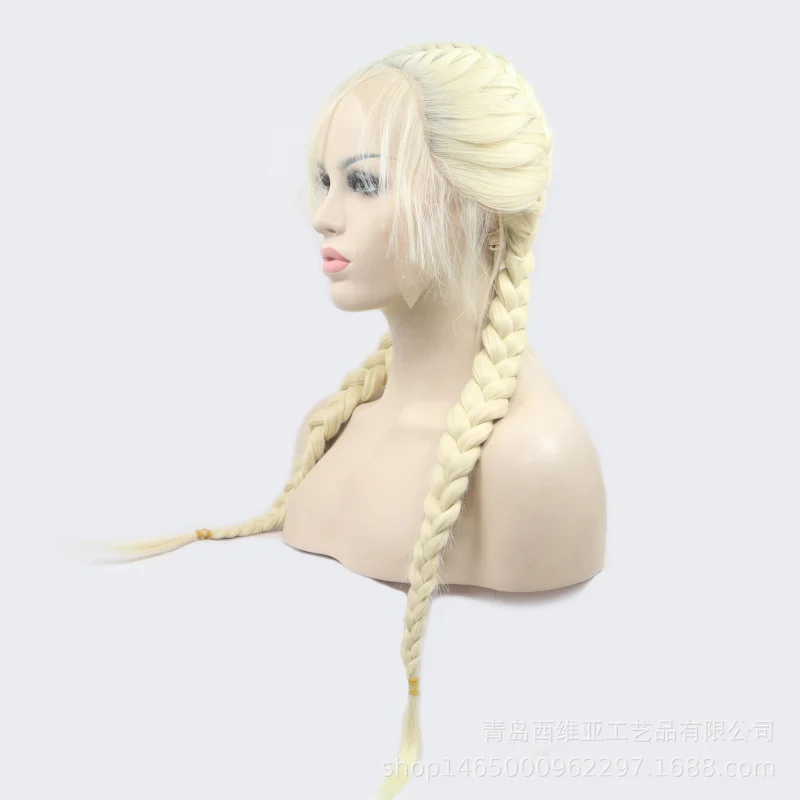 Hand-crocheted lace front wig with golden double ponytails and fishbone braids