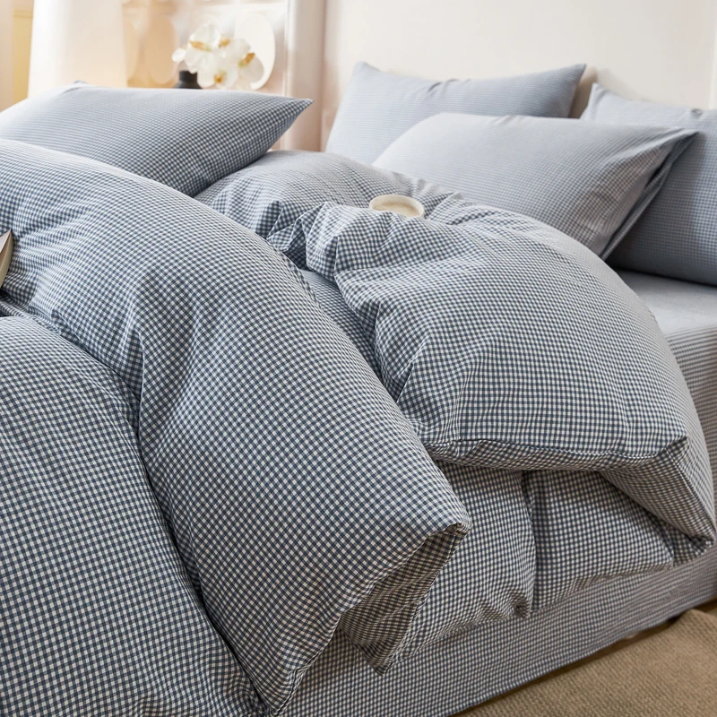 100% Cotton Bedding Set Yarndyed Fabric Striped Small Grid Duvet Cover Set King Queen Size for Bedroom, Soft Comfortable Flat Se