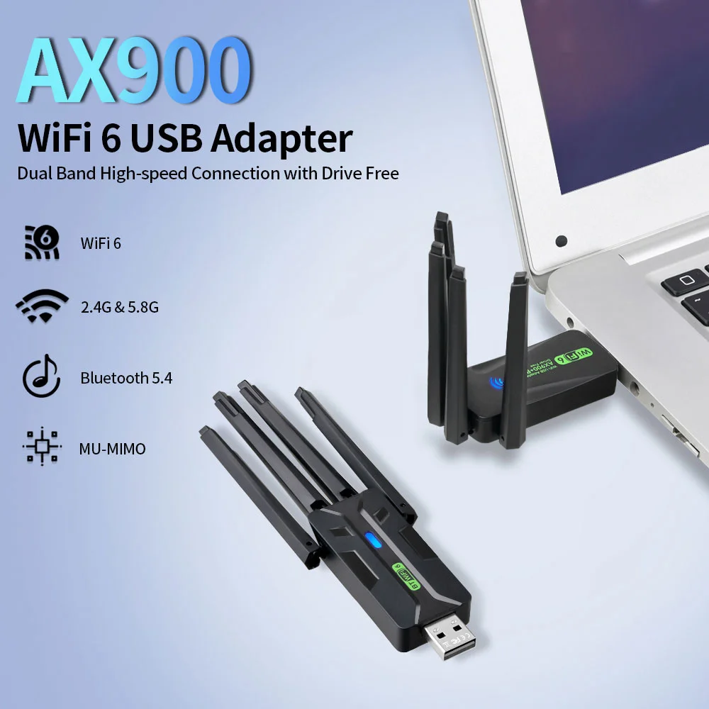 WiFi 6 AX900 USB Adapter Bluetooth 5.4 Dual Band 2.4G 5G 4 Antennas WiFi6 USB Network Receiver Dongle Driver Free Win 10/11