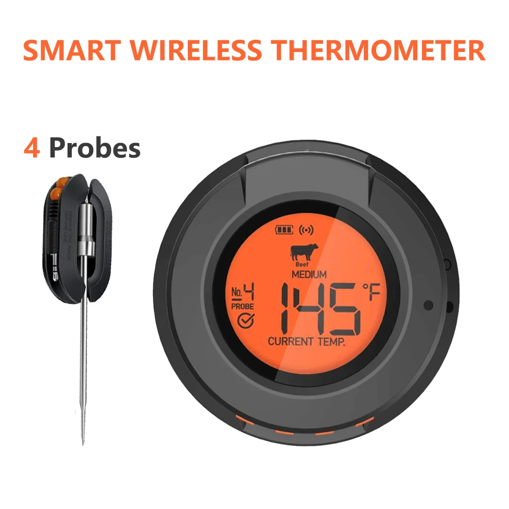

AT-02 Intelligent Digital Food Meat Thermometer 0℃~ 380℃ Outdoor Wireless Bluetooth APP Barbecue Thermometer with Multi-probe