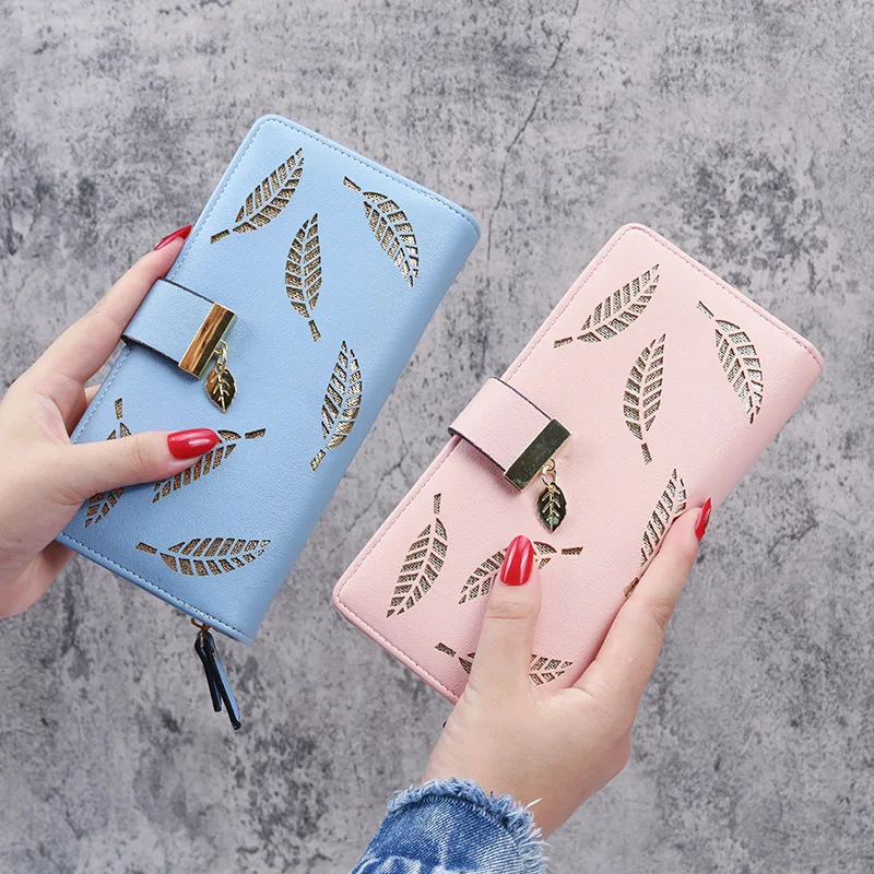 

Luxury PU Leather Solid Color Long Wallet for Women Fold-Over Pattern Coin Purses Hollow Leaf Zipper Buckle New Purse Wallet