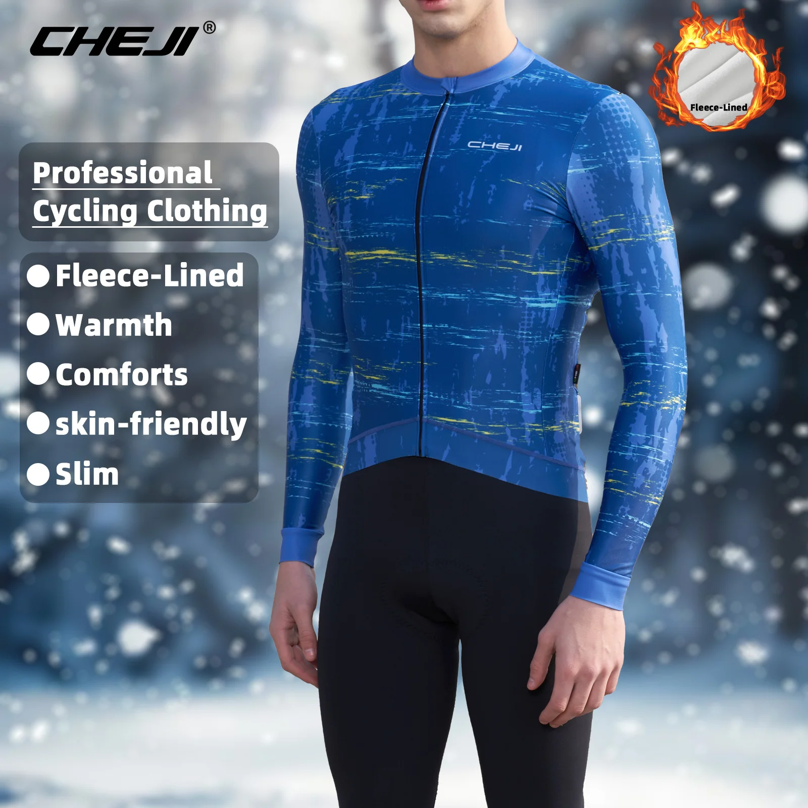 

CHEJI Winter Cycling Jerseys Long Sleeves Full-zips Fleece-Lined Clothing Riding Bike Sports for Men Breathable Slim Equipment