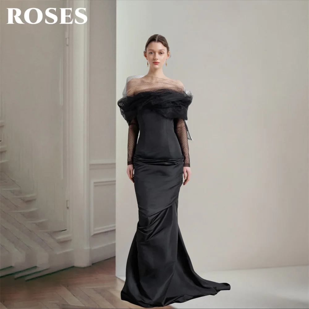 ROSES Black Evening Dress Boat Neck Off the Shoulder Prom Dress Long Sleeve Party Dress Trumpet Gala Dress for Women Customized