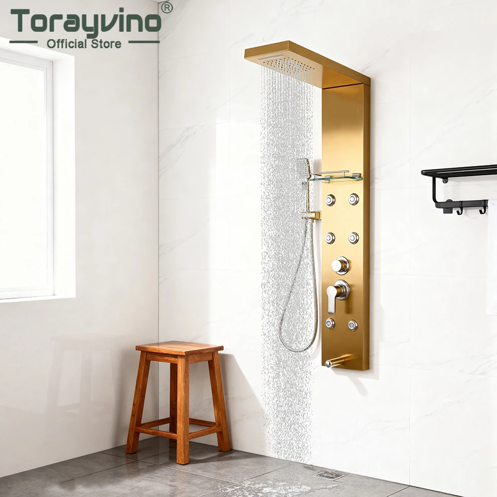 

Torayvino Bath Shower Faucet Temperature Digital Display Shower Panel Body Massage System Jet Tower Shower Column Tap With Shelf