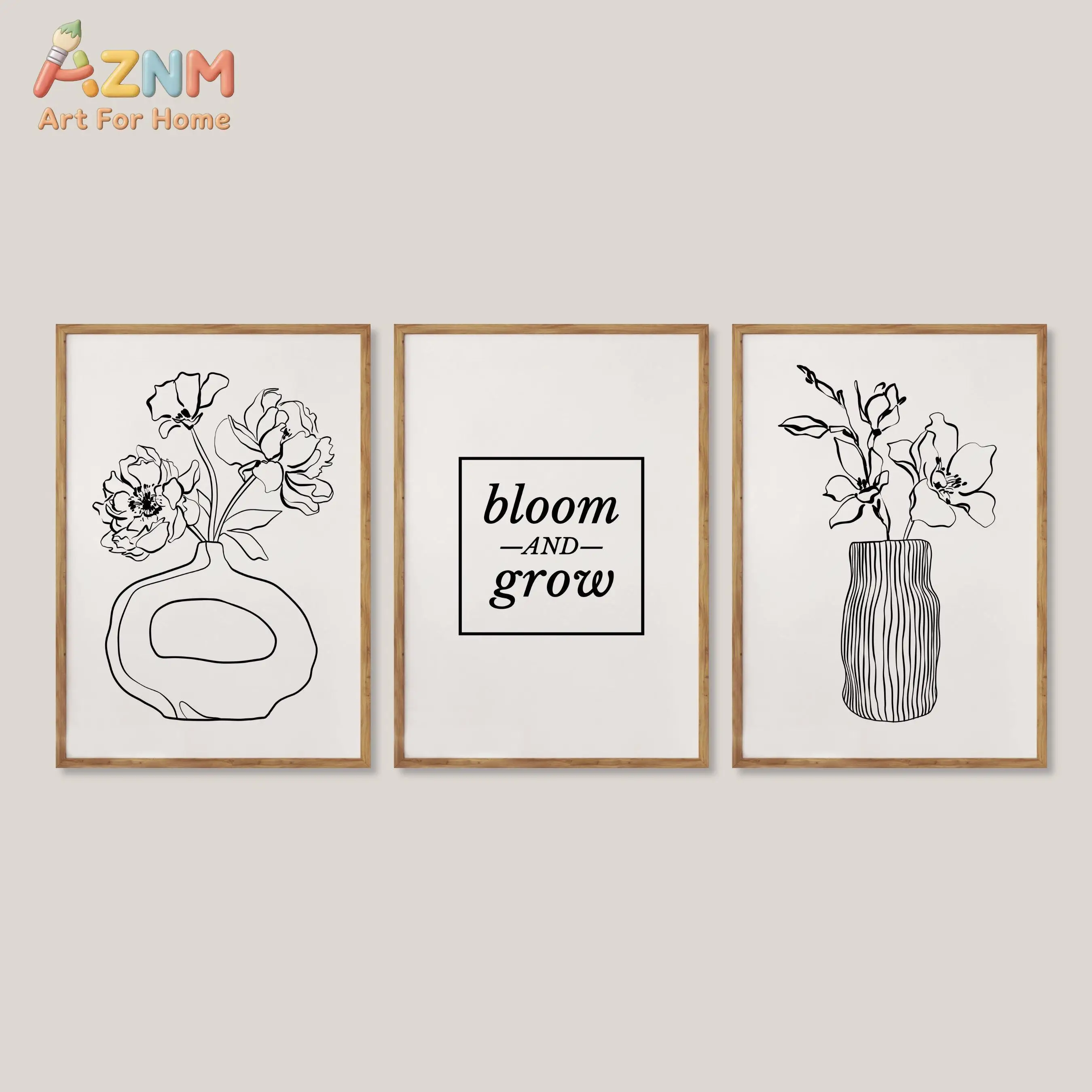 AZNM 3Pcs Minimalist Line Art Canvas Wall Art, Flower Vase Bloom And Grow Quote Print Frameless Canvas Painting,