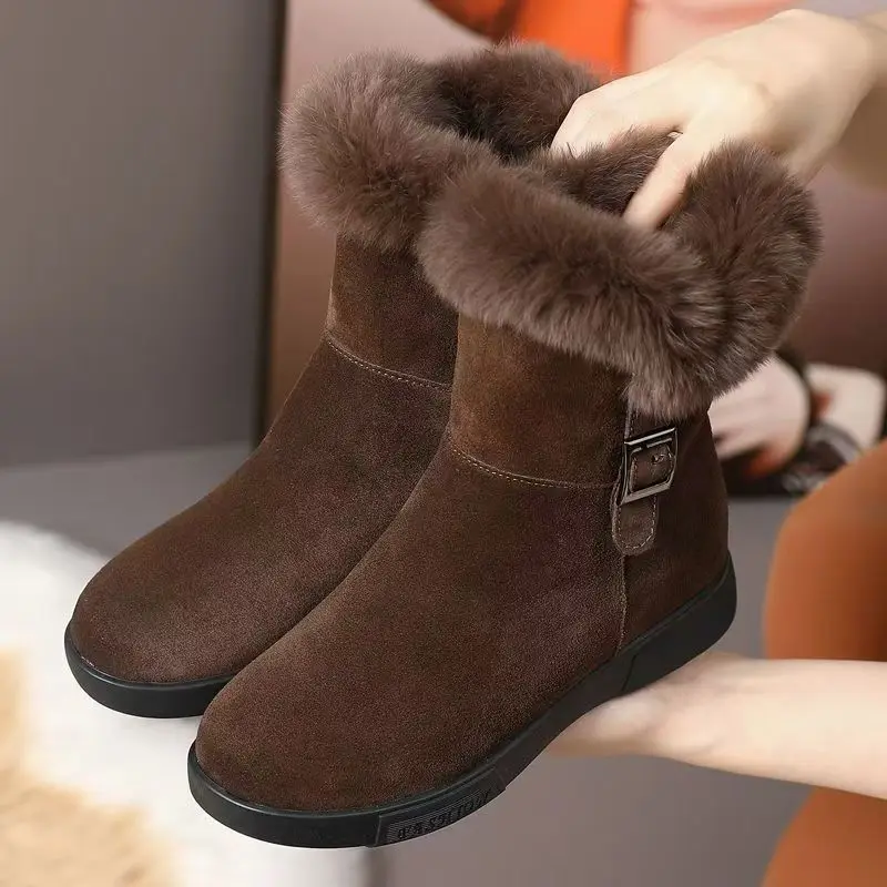 

Women Winter New Leather Flat Sole High Top Fuzzy Snow Boots Soft Sole Non Slip Round Toe Plush Warm Zippers Ankle Cotton Boots