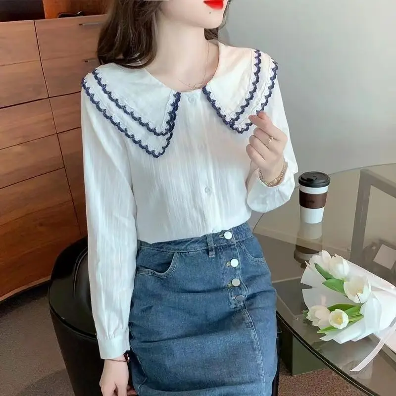 

Woman Ruffle Print Chiffon Blouse Female New Doll Collar Solid Shirt Summer Long Sleeve Cardigan Top Bottoming Shirt Blouse G400