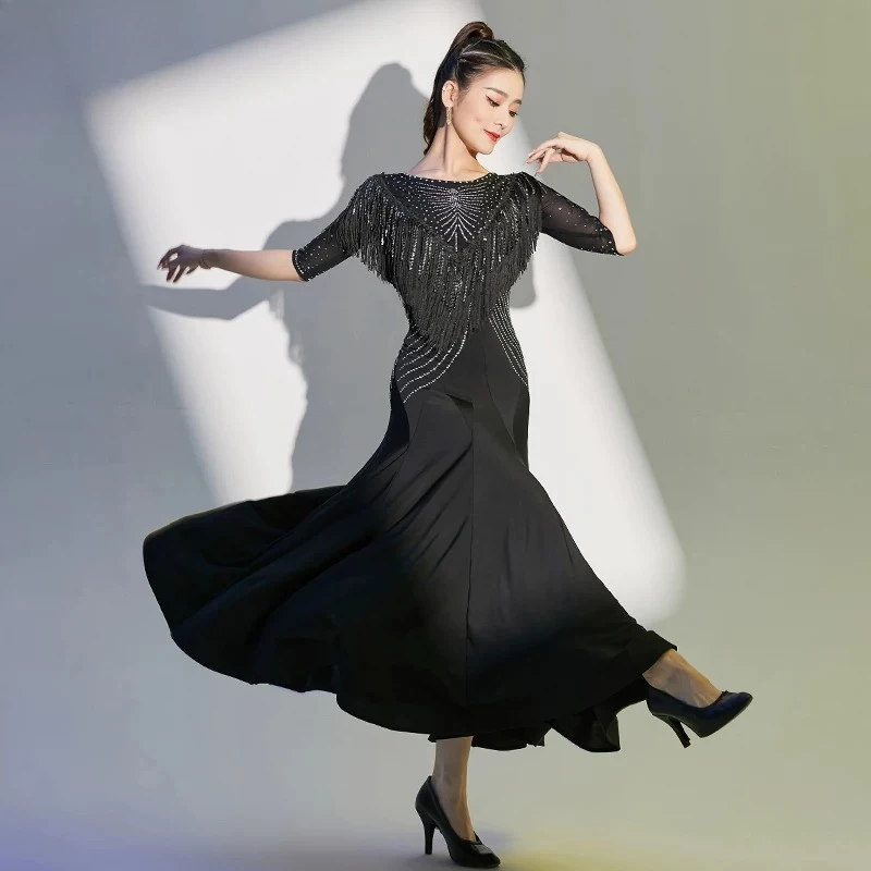 Customized Modern Dance Dress for Women Waltz Ballroom Latin Dance Tassel Skirt Practice Group Stage Performance Outfit