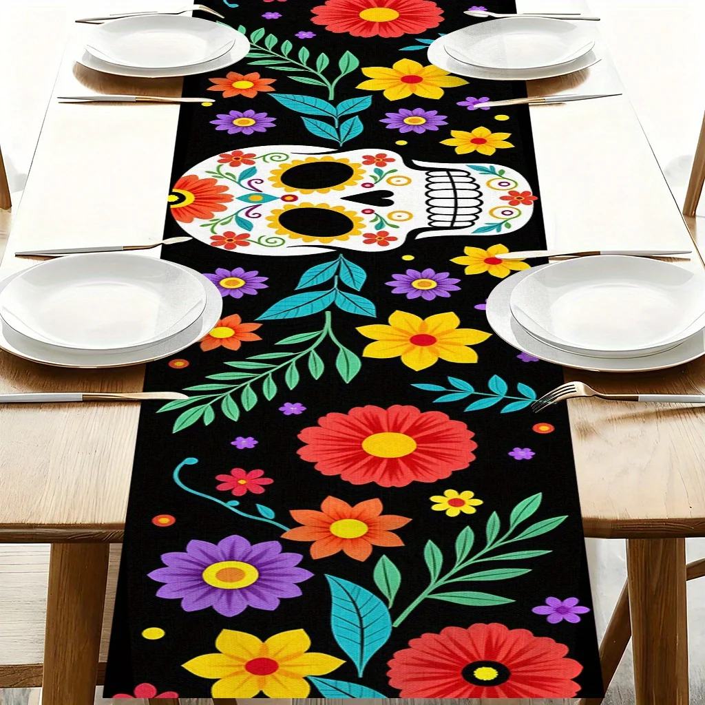 Bunter Blumen-Tischläufer mit Ringelblumen und Zuckerschädeln, Fiesta-Party-Dekoration, Mexikanischer Tag der Toten Tischläufer, Heimdekoration – Detail 3