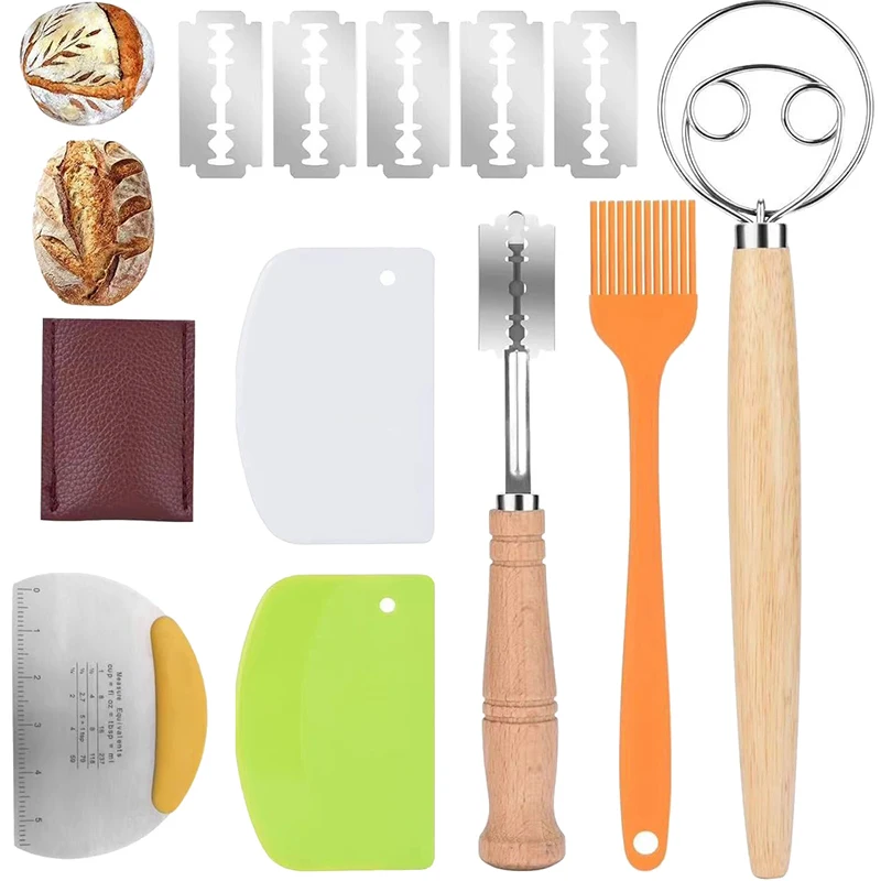 

Bread Making Essentials- Danish Dough and Sourdough Scoring Tool with Dough Hook, Dutch Whisk, and Bread Lame, 6 Piece Set