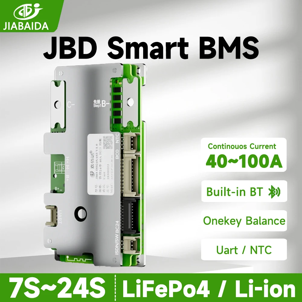 

JIABAIDA Smart BMS Встроенный баланс Bluetooth 7S-24S 8S 10S 13S 16S 20S 21S 24S 40-100A 24V 48V LiFePo4 Li-ion JBD BMS APP UART