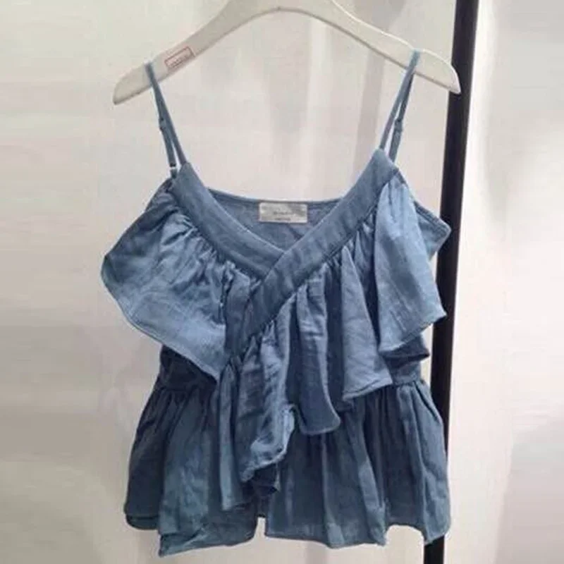 

Summer Sexy V-neck Ruffled Suspender Women's Korean-Style Slim-Looking Large Wooden Ear All-match Vest Blouse