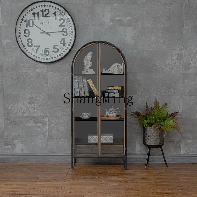 

SM retro dustproof glass storage cabinet integrated living room with door storage cabinet wrought iron floor narrow cabinet