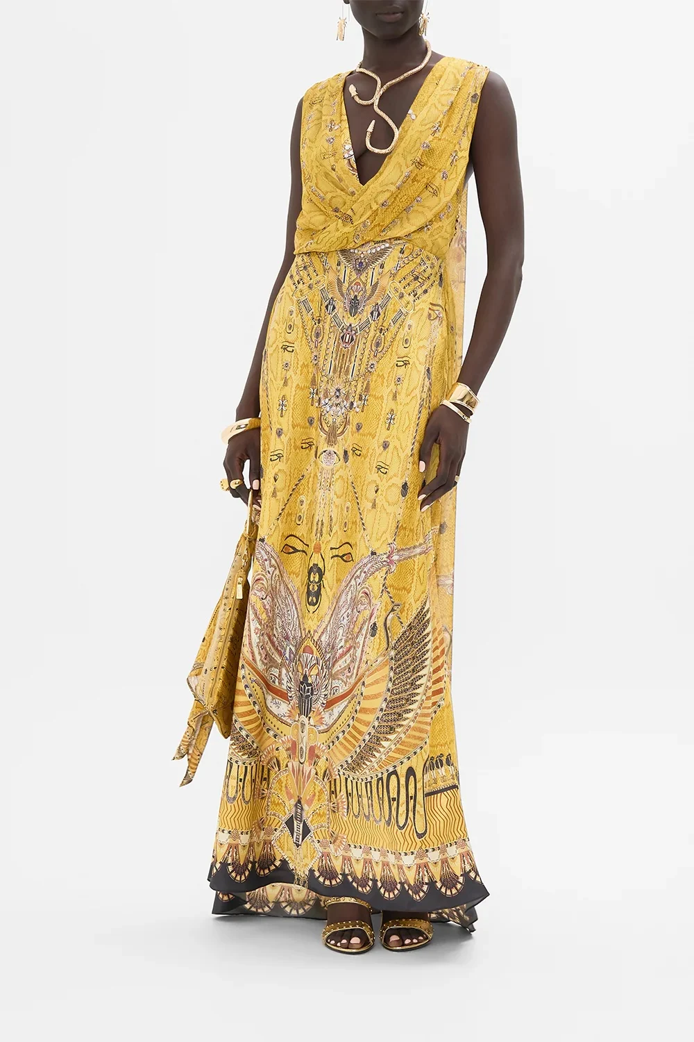 

Retro Print Women Yellow Vest Robe Heavy Beaded Swinging Collar Sleeveless High Waist Elegant Ladies 100% Silk Maxi Dress