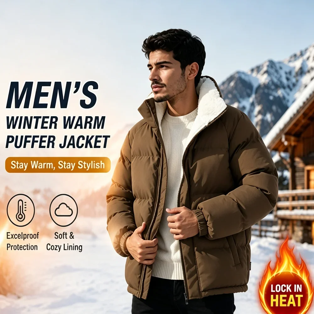Winter Men's Fleece Warm Parkas Coats Fashion Men Stand Collar Windbreaker Coats Classic Men Thermal Windbreaker Padded Jackets