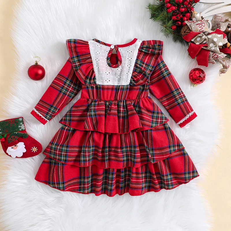 

Christmas Toddler Girl Costume Dress Red Plaid Print Long Sleeve Round Neck A-Line Cake Dress with Bowknot and Sparkle