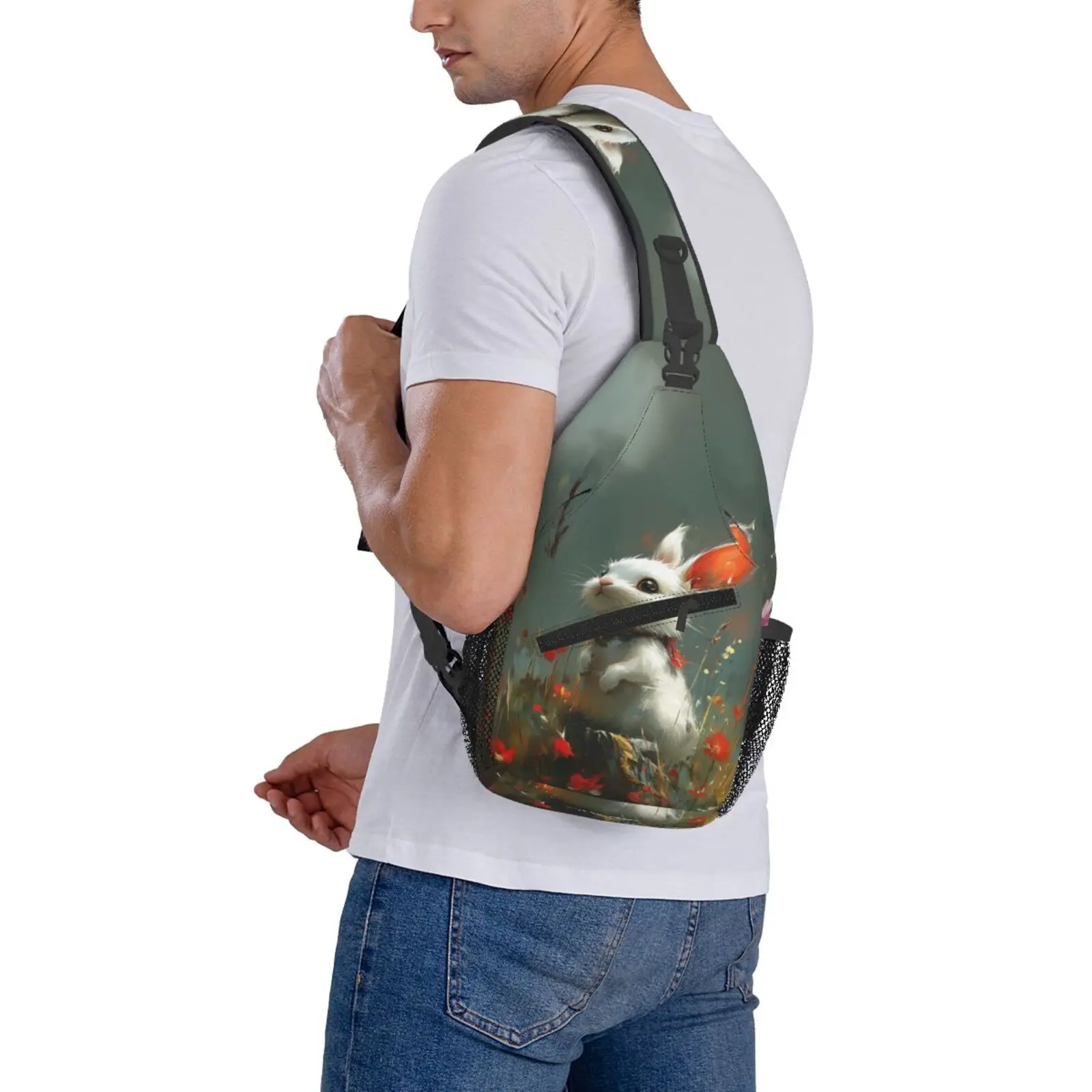 Bolso cruzado con estampado de conejito para hombre, bolso grande para el pecho, viajes, senderismo, deportes, correr, regalos personalizados para bolsos de mano de cumpleaños