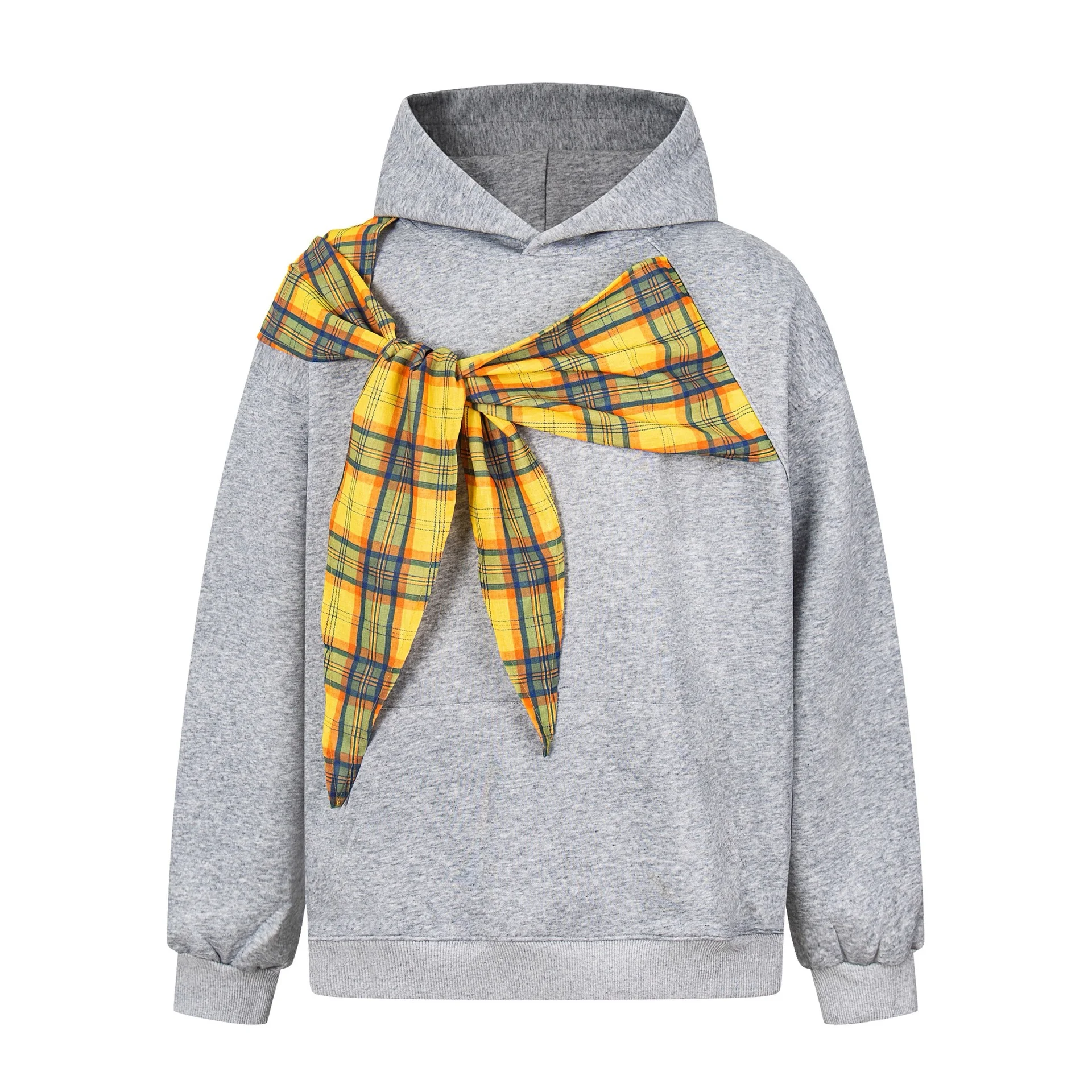 여성 패치 워크 그리드 레이스 업 보우 스웨트 아메리칸 스타일 하이 스트리트 다목적 가을 겨울 탑 트렌디 패션 후드