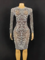 Sparkle Diamond Fringe Women Long Sleeved Dress Luxury Crystal Rhinestone Party Performance Wear Nightclub Ball Cocktail Dress