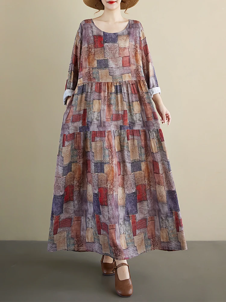 เดรสยาวแขนยาวพิมพ์ลายดอกไม้สไตล์วินเทจสำหรับผู้หญิง เดรสลำลองหลวมๆ สวยหรู เสื้อผ้าแฟชั่นสำหรับฤดูใบไม้ผลิและฤดูใบไม้ร่วง 2025