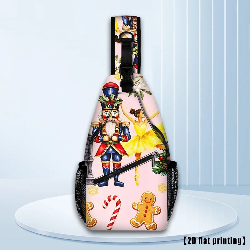 Cartoon Men's Women's Christmas Hiking Crossbody Bag with Nutcracker, Gingerbread Candy Cane Print Adjustable Strap